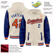 Load image into Gallery viewer, Custom Cream Orange Royal-White Bomber Full-Snap Varsity Letterman Two Tone Hoodie Jacket