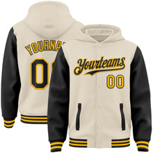 Load image into Gallery viewer, Custom Cream Black-Gold Bomber Full-Snap Varsity Letterman Two Tone Hoodie Jacket