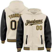 Load image into Gallery viewer, Custom Cream Black-Old Gold Bomber Full-Snap Varsity Letterman Two Tone Hoodie Jacket