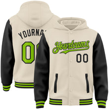 Load image into Gallery viewer, Custom Cream Neon Green-Black Bomber Full-Snap Varsity Letterman Two Tone Hoodie Jacket