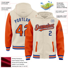 Load image into Gallery viewer, Custom Cream Orange Royal-White Bomber Full-Snap Varsity Letterman Two Tone Hoodie Jacket