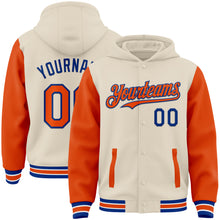 Load image into Gallery viewer, Custom Cream Orange Royal-White Bomber Full-Snap Varsity Letterman Two Tone Hoodie Jacket