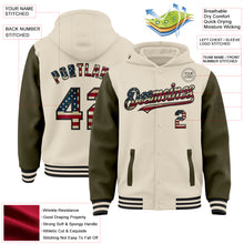 Load image into Gallery viewer, Custom Cream Vintage USA Flag Olive-Black Bomber Full-Snap Varsity Letterman Two Tone Hoodie Jacket