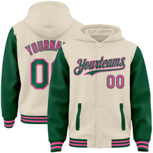Load image into Gallery viewer, Custom Cream Kelly Green-Pink Bomber Full-Snap Varsity Letterman Two Tone Hoodie Jacket