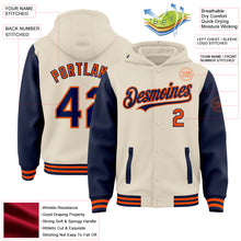 Load image into Gallery viewer, Custom Cream Navy-Orange Bomber Full-Snap Varsity Letterman Two Tone Hoodie Jacket