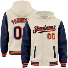 Load image into Gallery viewer, Custom Cream Navy-Orange Bomber Full-Snap Varsity Letterman Two Tone Hoodie Jacket