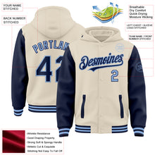 Load image into Gallery viewer, Custom Cream Navy-Light Blue Bomber Full-Snap Varsity Letterman Two Tone Hoodie Jacket