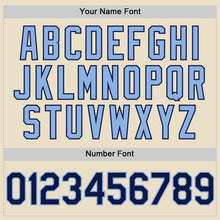 Load image into Gallery viewer, Custom Cream Navy-Light Blue Bomber Full-Snap Varsity Letterman Two Tone Hoodie Jacket