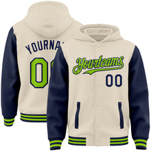 Load image into Gallery viewer, Custom Cream Neon Green-Navy Bomber Full-Snap Varsity Letterman Two Tone Hoodie Jacket