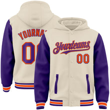 Load image into Gallery viewer, Custom Cream Purple Orange-White Bomber Full-Snap Varsity Letterman Two Tone Hoodie Jacket