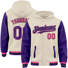 Load image into Gallery viewer, Custom Cream Purple Black-Pink Bomber Full-Snap Varsity Letterman Two Tone Hoodie Jacket