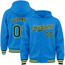 Load image into Gallery viewer, Custom Powder Blue Green-Cream Bomber Full-Snap Varsity Letterman Hoodie Jacket