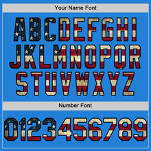 Load image into Gallery viewer, Custom Powder Blue Vintage USA Flag Black-Cream Bomber Full-Snap Varsity Letterman Hoodie Jacket