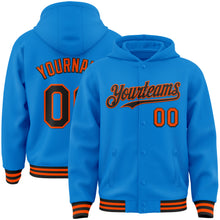 Load image into Gallery viewer, Custom Powder Blue Black-Orange Bomber Full-Snap Varsity Letterman Hoodie Jacket