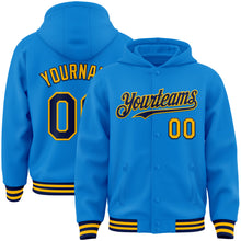Load image into Gallery viewer, Custom Powder Blue Navy-Gold Bomber Full-Snap Varsity Letterman Hoodie Jacket