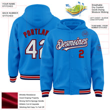 Load image into Gallery viewer, Custom Powder Blue Navy-Red Bomber Full-Snap Varsity Letterman Hoodie Jacket