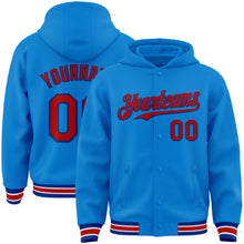 Load image into Gallery viewer, Custom Powder Blue Red-Royal Bomber Full-Snap Varsity Letterman Hoodie Jacket
