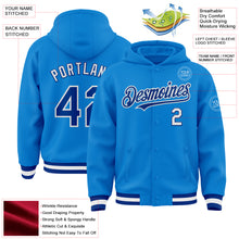 Load image into Gallery viewer, Custom Powder Blue Royal-White Bomber Full-Snap Varsity Letterman Hoodie Jacket