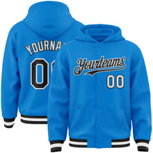 Load image into Gallery viewer, Custom Powder Blue Black-White Bomber Full-Snap Varsity Letterman Hoodie Jacket