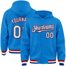 Load image into Gallery viewer, Custom Powder Blue Royal-Red Bomber Full-Snap Varsity Letterman Hoodie Jacket