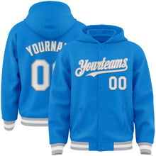 Load image into Gallery viewer, Custom Powder Blue White-Gray Bomber Full-Snap Varsity Letterman Hoodie Jacket