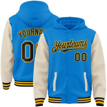 Load image into Gallery viewer, Custom Powder Blue Black Cream-Gold Bomber Full-Snap Varsity Letterman Two Tone Hoodie Jacket