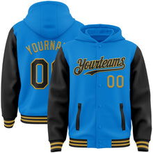 Load image into Gallery viewer, Custom Powder Blue Black-Old Gold Bomber Full-Snap Varsity Letterman Two Tone Hoodie Jacket