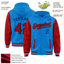 Load image into Gallery viewer, Custom Powder Blue Red-Navy Bomber Full-Snap Varsity Letterman Two Tone Hoodie Jacket