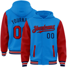 Load image into Gallery viewer, Custom Powder Blue Red-Navy Bomber Full-Snap Varsity Letterman Two Tone Hoodie Jacket