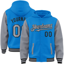 Load image into Gallery viewer, Custom Powder Blue Gray-Black Bomber Full-Snap Varsity Letterman Two Tone Hoodie Jacket