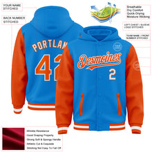Load image into Gallery viewer, Custom Powder Blue Orange-White Bomber Full-Snap Varsity Letterman Two Tone Hoodie Jacket