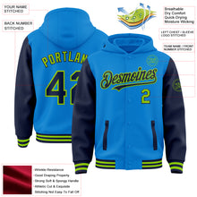 Load image into Gallery viewer, Custom Powder Blue Navy-Neon Green Bomber Full-Snap Varsity Letterman Two Tone Hoodie Jacket