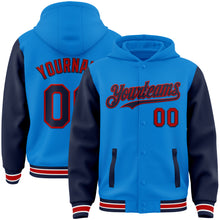 Load image into Gallery viewer, Custom Powder Blue Navy-Red Bomber Full-Snap Varsity Letterman Two Tone Hoodie Jacket