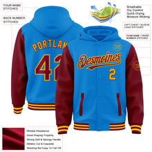 Load image into Gallery viewer, Custom Powder Blue Crimson-Gold Bomber Full-Snap Varsity Letterman Two Tone Hoodie Jacket