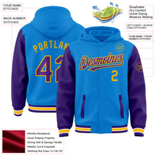 Load image into Gallery viewer, Custom Powder Blue Purple-Gold Bomber Full-Snap Varsity Letterman Two Tone Hoodie Jacket