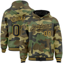 Load image into Gallery viewer, Custom Camo Black-Old Gold Bomber Full-Snap Varsity Letterman Salute To Service Hoodie Jacket
