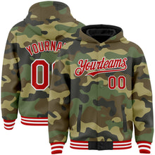 Load image into Gallery viewer, Custom Camo Red-White Bomber Full-Snap Varsity Letterman Salute To Service Hoodie Jacket