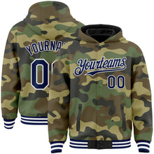 Load image into Gallery viewer, Custom Camo Navy-White Bomber Full-Snap Varsity Letterman Salute To Service Hoodie Jacket