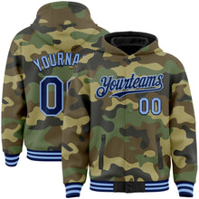 Load image into Gallery viewer, Custom Camo Navy-Light Blue Bomber Full-Snap Varsity Letterman Salute To Service Hoodie Jacket