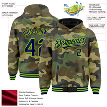 Load image into Gallery viewer, Custom Camo Navy-Neon Green Bomber Full-Snap Varsity Letterman Salute To Service Hoodie Jacket