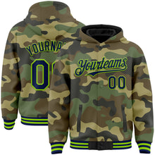 Load image into Gallery viewer, Custom Camo Navy-Neon Green Bomber Full-Snap Varsity Letterman Salute To Service Hoodie Jacket