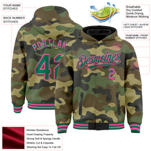 Load image into Gallery viewer, Custom Camo Kelly Green-Pink Bomber Full-Snap Varsity Letterman Salute To Service Hoodie Jacket