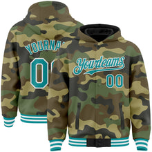 Load image into Gallery viewer, Custom Camo Teal-White Bomber Full-Snap Varsity Letterman Salute To Service Hoodie Jacket