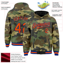 Load image into Gallery viewer, Custom Camo Orange-Royal Bomber Full-Snap Varsity Letterman Salute To Service Hoodie Jacket