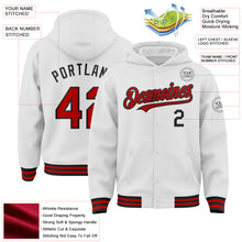 Load image into Gallery viewer, Custom White Red-Black Bomber Full-Snap Varsity Letterman Hoodie Jacket