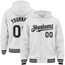 Load image into Gallery viewer, Custom White Black-Gray Bomber Full-Snap Varsity Letterman Hoodie Jacket