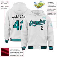 Load image into Gallery viewer, Custom White Teal-Black Bomber Full-Snap Varsity Letterman Hoodie Jacket