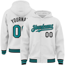 Load image into Gallery viewer, Custom White Teal-Black Bomber Full-Snap Varsity Letterman Hoodie Jacket
