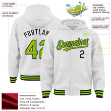 Load image into Gallery viewer, Custom White Neon Green-Black Bomber Full-Snap Varsity Letterman Hoodie Jacket