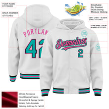 Load image into Gallery viewer, Custom White Aqua Black-Pink Bomber Full-Snap Varsity Letterman Hoodie Jacket